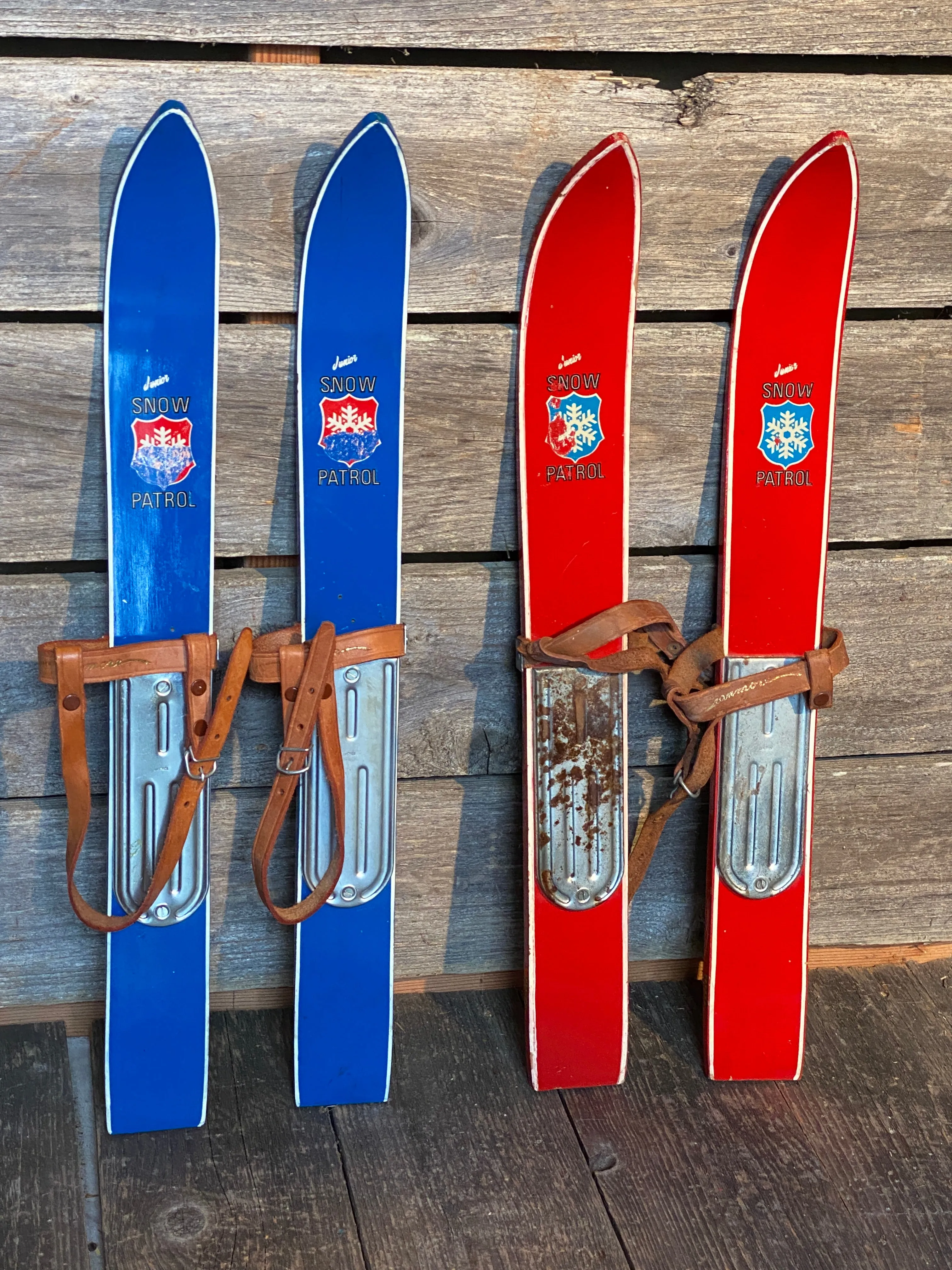 2 Pair of Vintage Childs Snow Patrol Skis (RED/BLUE)