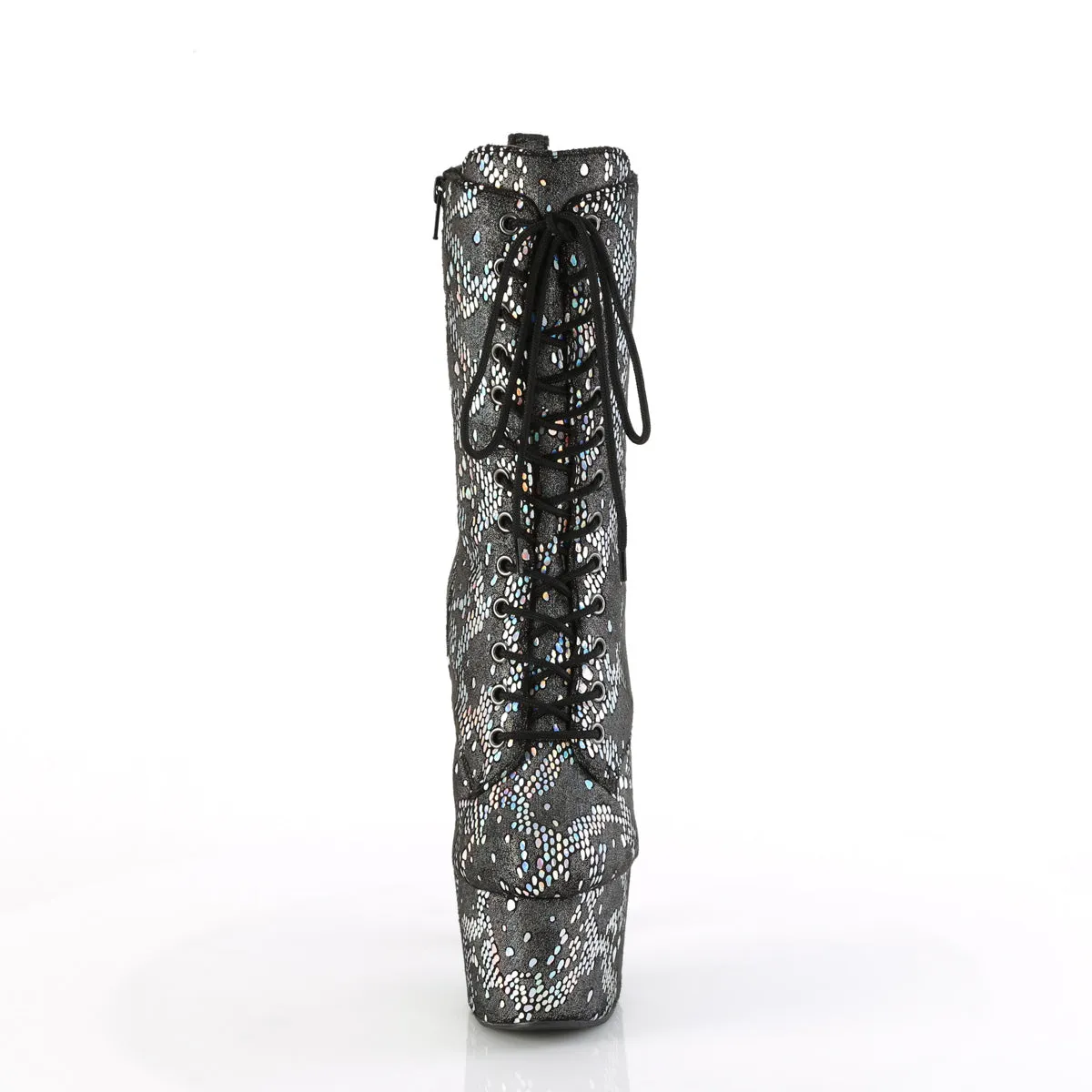 7 Inch Heel ADORE-1040SPF Silver Holo Snake Print Fabric