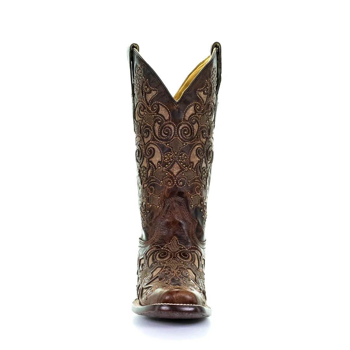 Corral Women's Brown Inlay, Studs, and Embroidery Square Toe Western Boot